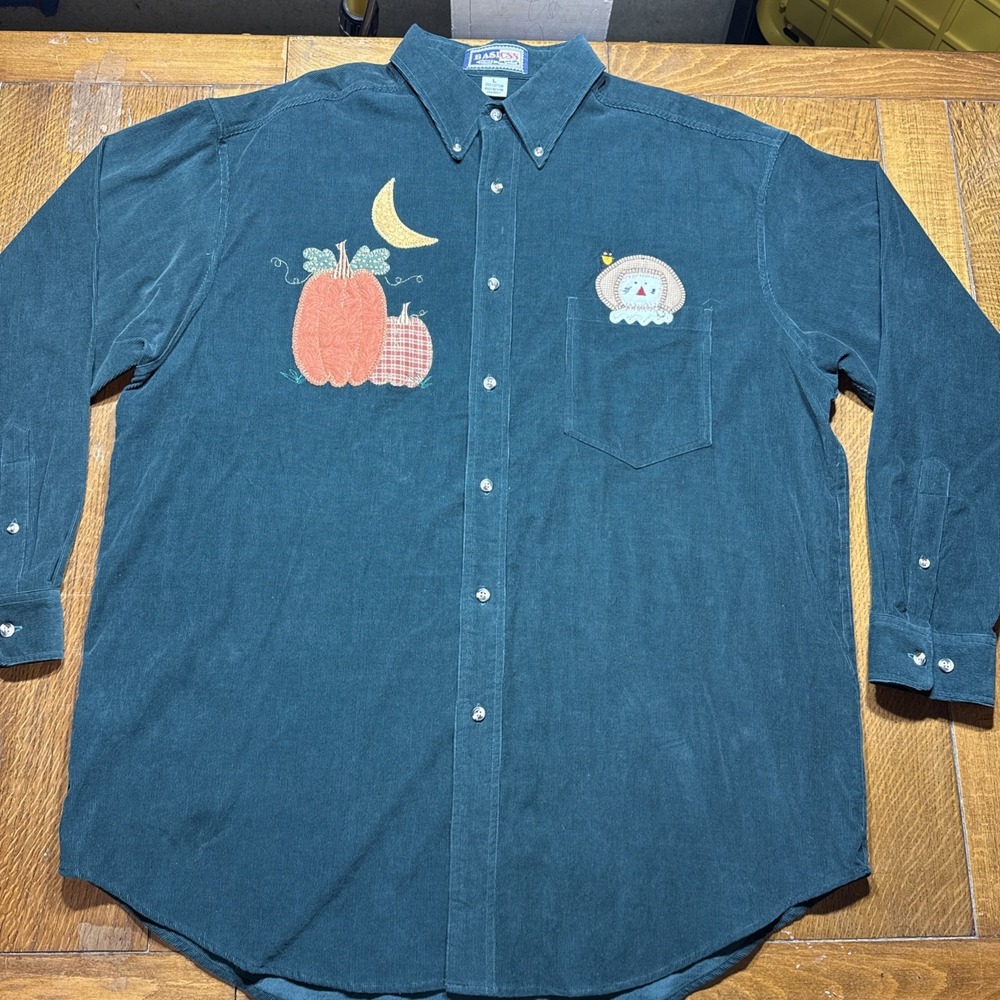 Vtg BASICSS Autumn/Halloween‎ shirt Large green corduroy pumpkin scarecrow moon